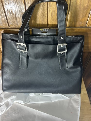 New Solo Black Leather Laptop Tote Bag with Top Zippered Closure - Picture 5 of 8