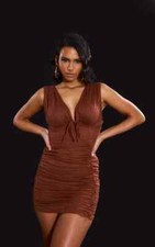 PrettyLittleThing Linen Plunge Ruched Button Bodycon Dress Chocolate Brown UK10