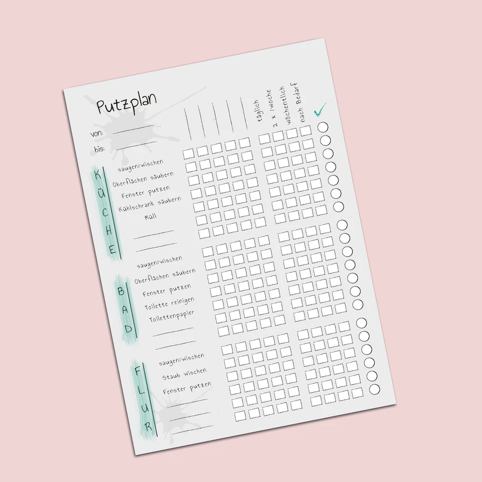 Putzplan WG, Putzplan Vorlage, Block 50 Blatt DIN A4