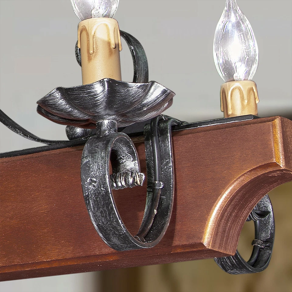 Lampadario Rustico 6 luci in Ferro Forgiato a mano e Legno color noce per cucina - Immagine 2 di 2