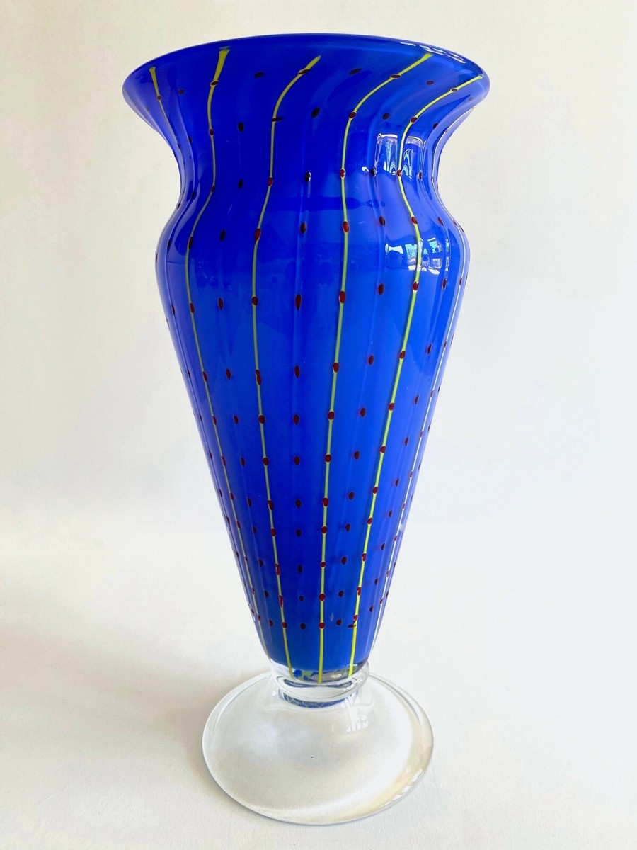 ★イタリア★T.MURANO GLASS★ガラス★ブルー★手描き絵付★花瓶★ POST MODERN 1980'S ROYAL BLUE MURANO ART GLASS DOTTED STRIPE