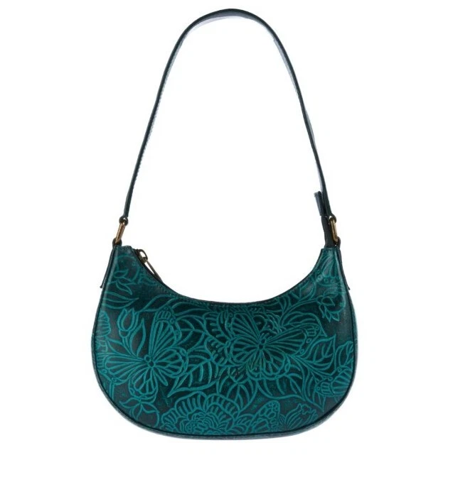 Anuschka Tooled Leather Small Shoulder Hobo Bag-Butterfly Emerald-NWT