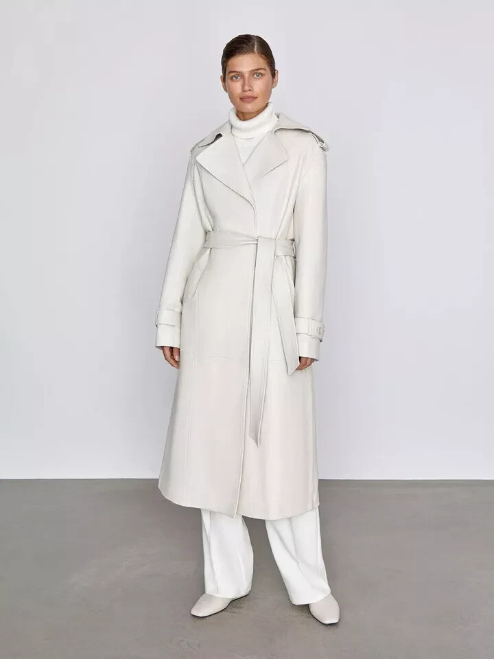 Abrigo largo de cuero genuino para mujer de piel de cordero real elegante gabardina blanca con cinturón