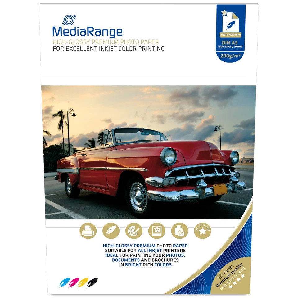 MEDIARANGE 50 FOGLI CARTA FOTOGRAFICA A3 PREMIUM FOTO GLOSSY LUCIDA 200 GR. STAMPA INKJET