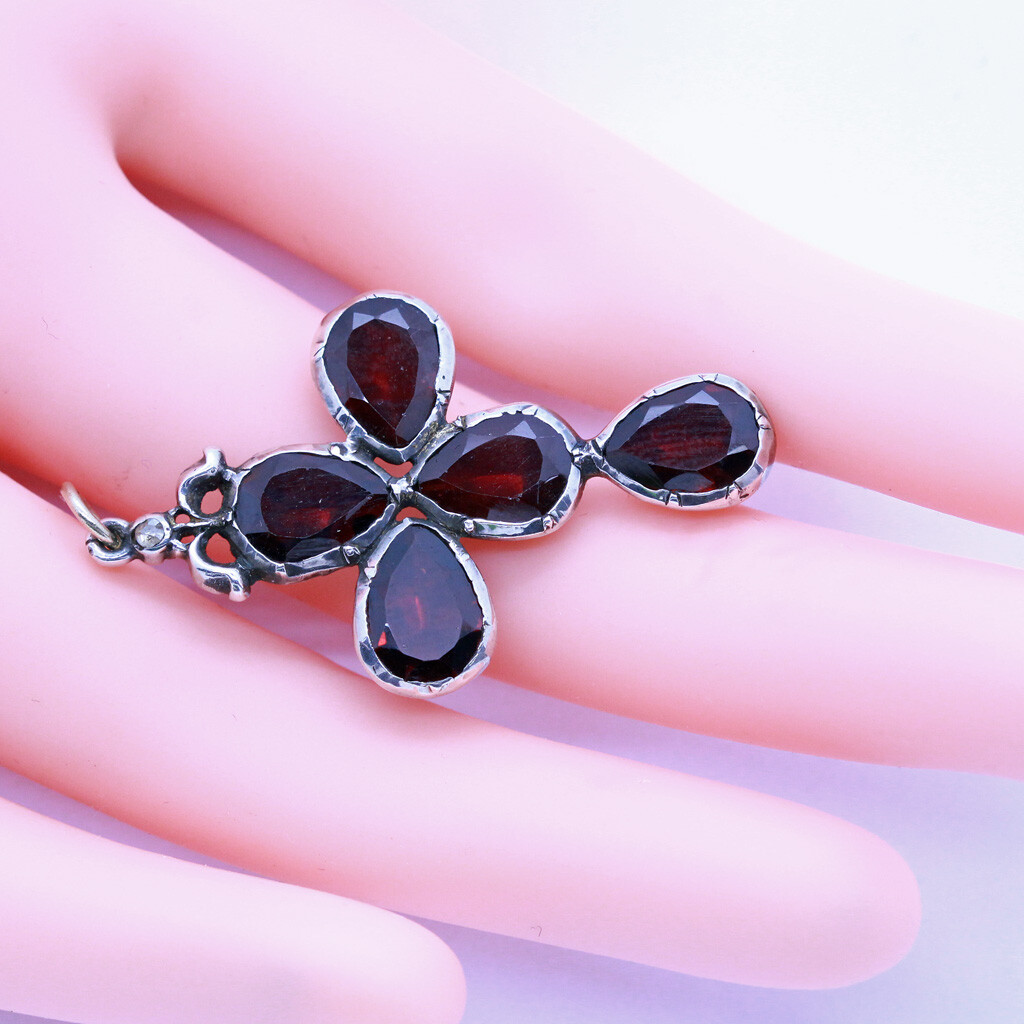 Antique Georgian Cross Pendant Silver Diamonds Garnets Reversible Unisex (6908) image 5