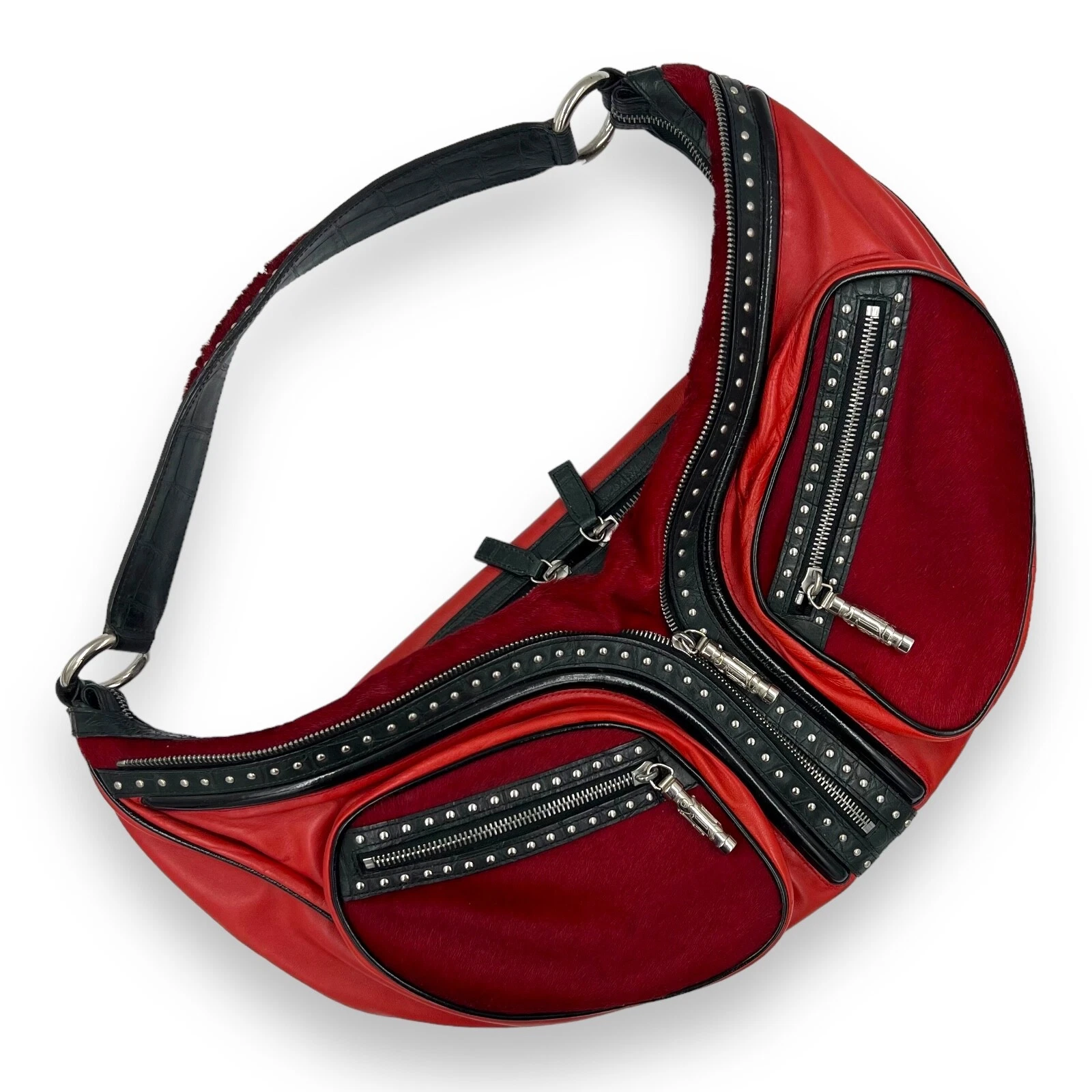 Versace — VERSACE Rare Y2K Vintage Red Calf Hair Studded Hobo Shoulder Bag Handbag