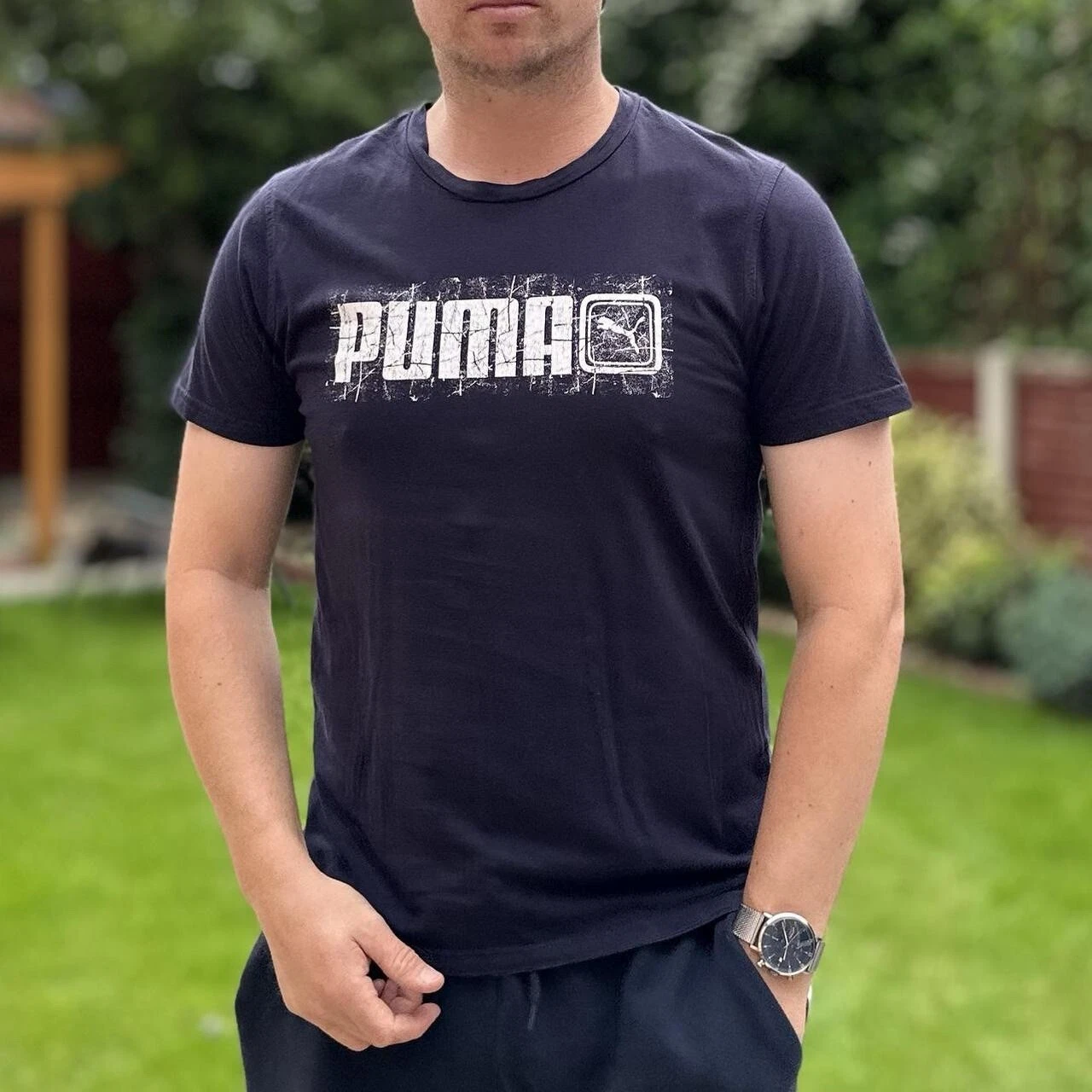 Puma Navy TShirt Men's Size Medium Retro Spellout 90s Round Neck Tee Shirt Top