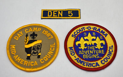 BSA Den 5,1987 Day Camp,1988 Scout-O-Rama Mid-America Council Boy Scout Patches