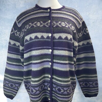 Vtg KAREN SCOTT II Pure Wool Purple Stripe Cardigan Sweater sz 1X Twee Preppy