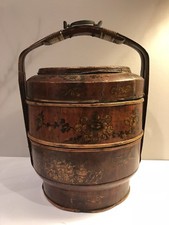 VINTAGE (c.1920) 3 TIER CHINESE STACKNG WEDDING BASKET, HAND-PAINTED 16&rdquo; H