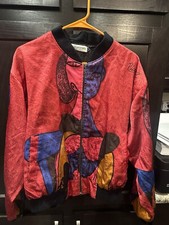 Vintage Picasso Satin Bomber Jacket 90s One-Size Red Artsy 