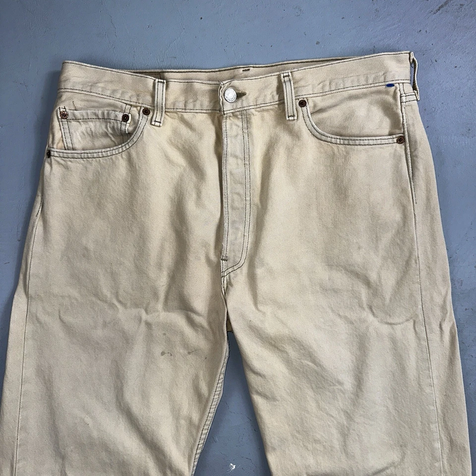 Levis 501 Vintage 90s USA XX Straight Leg Jeans Yellow Khaki 36x32 Act 34x31 - Image 2 of 4
