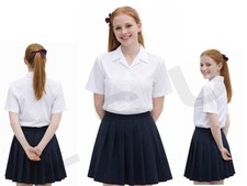 Girls White Short Sleeve Open Neck Revere Collar Blouse School Shirt Size 28-48