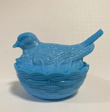 French Portieux Vallerysthal Bird On Nest Covered Candy Dish Blue Milk Glass EUC