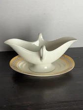 Vintage San Marco White/Gold Porcelain Double Handled Gravy Boat & Underplate