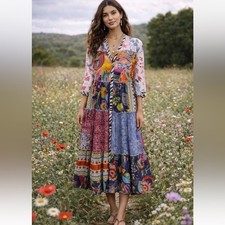 NWT Johnny Was Regia Patchwork Floral Silk Midi Tiered Slip Dress Size S