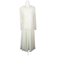 Vintage 80s Cream Beaded Long Sleeve Maxi Cocktail Party Dress L