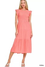 Zenana Woven Smocked Ruffle Sleeve Midi Dress