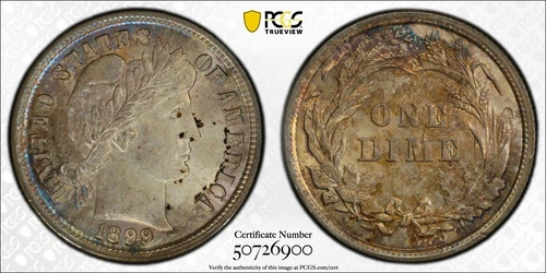 1899 10C BARBER DIME PCGS MS64! Attractive Colorful Toning!