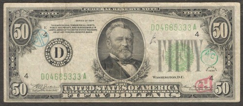 United States of America Federal Reserve Note 50 Dollars Grant 1934 VF
