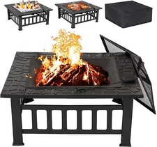32" Outdoor Fire Pit Wood Burning Metal Fireplace w/Poker and Cover for Backyard