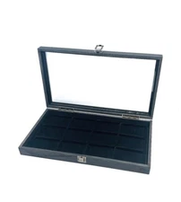 Belt Buckles Rustic Black Stained Wood Glass Lid Black 12 Space Display Box Case