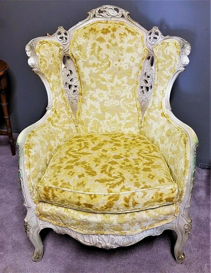 Usado en excelente estado! Antigua silla con respaldo de ala francesa Luis XV rococó tallada a mano de terciopelo Foto 3 de 4