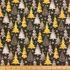 BTY Grey Gold with Metallic Christmas Tree Snowflake Cotton Fabric by The YARD