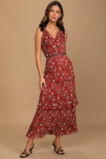 NWT‼ LULU'S Sz XXS Such Sophistication Rust Red Floral Pleated Tiered Maxi Dress