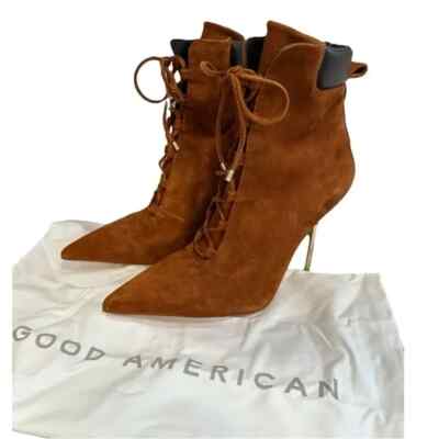 Good American Booties Womens Size 7.5 Brown Suede Lace Up High Heel Ankle Boot