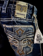  250 Mens Rock Revival Jeans "Chason" Leather Inserts Fleur Cross Boot 34 X 34
