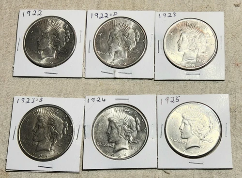 (6) SILVER PEACE DOLLAR COINS UNCIRCULATED-1922, 1922D, 1923, 1923S, 1924 & 1925