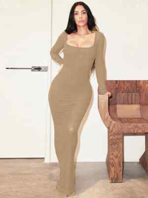 Solid Color Square Neck Long Sleeve Bodycon Party Maxi Dresses-Khaki Khaki-S Solid Color Square Neck Long Sleeve Bodycon Party Maxi Dresses-Khaki Khaki-S