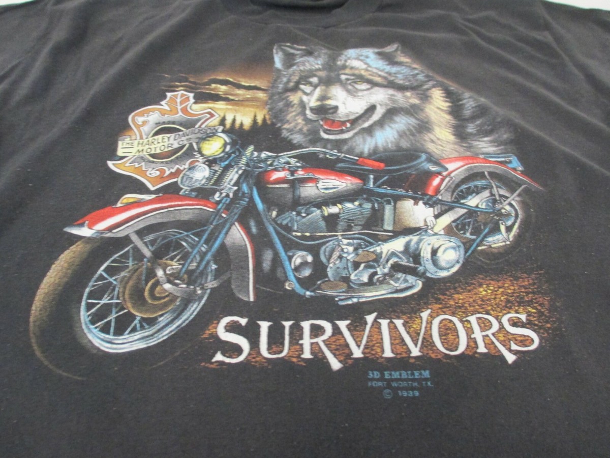 VTG 80s 1989 3D Emblem Harley Davidson Survivors Wolf Motorcycle T 