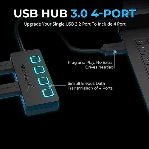 Sabrent 4-Port USB Hub, USB 3.0 Fast Data Hub with Individual D Power