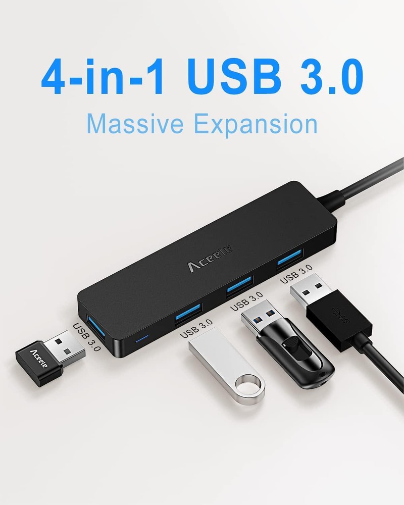 Aceele USB Hub 3.0 Splitter with 4ft Extension Long Cable Cord 4-Port Ultra-Slim