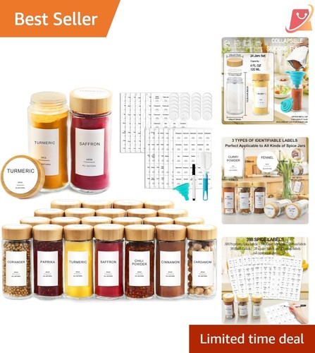 24 Pcs Glass Spice Jars 4oz Airtight Bamboo Lids Shaker Set with Labels Acces...
