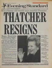 LONDON EVENING STANDARD NEWSPAPER 23 NOV 1990 . PM MARGARET THATCHER RESIGNS