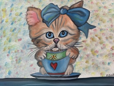 Original oil painting 11 x 14 inches cute and sweet cat kitten with coffee cup