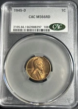 1945-D Lincoln Wheat Penny – CAC Certified MS66 – Stunning Red Gem!