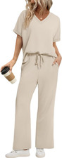 Lounge Sets for Women V Neck Turn-Up Sleeves Tops Wide Leg Pants 2 Piece Sets Ov