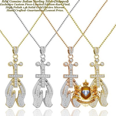 VVS1D 2.00 Ctw. Italian Silver Praying Hands Crown Cross Charm Pendant Chain Set
