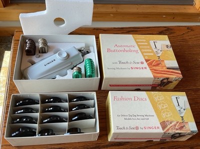 Vintage Singer Touch & Sew Accessories Lot Of 2 Buttonholer & Fashion Discs Box