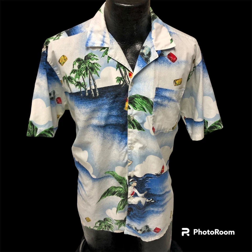 Vtg 80's Rampage Couple & Dog Castaways HAWAIIAN Loop Collar ISLAND Camp Shirt - Image 2 of 4