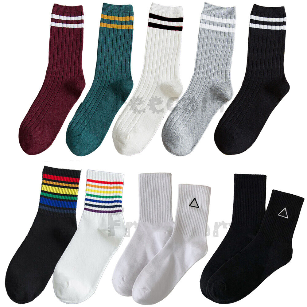 Women Men Cotton Athletic Sports Crew Socks Striped Over Ankle Casual Classic