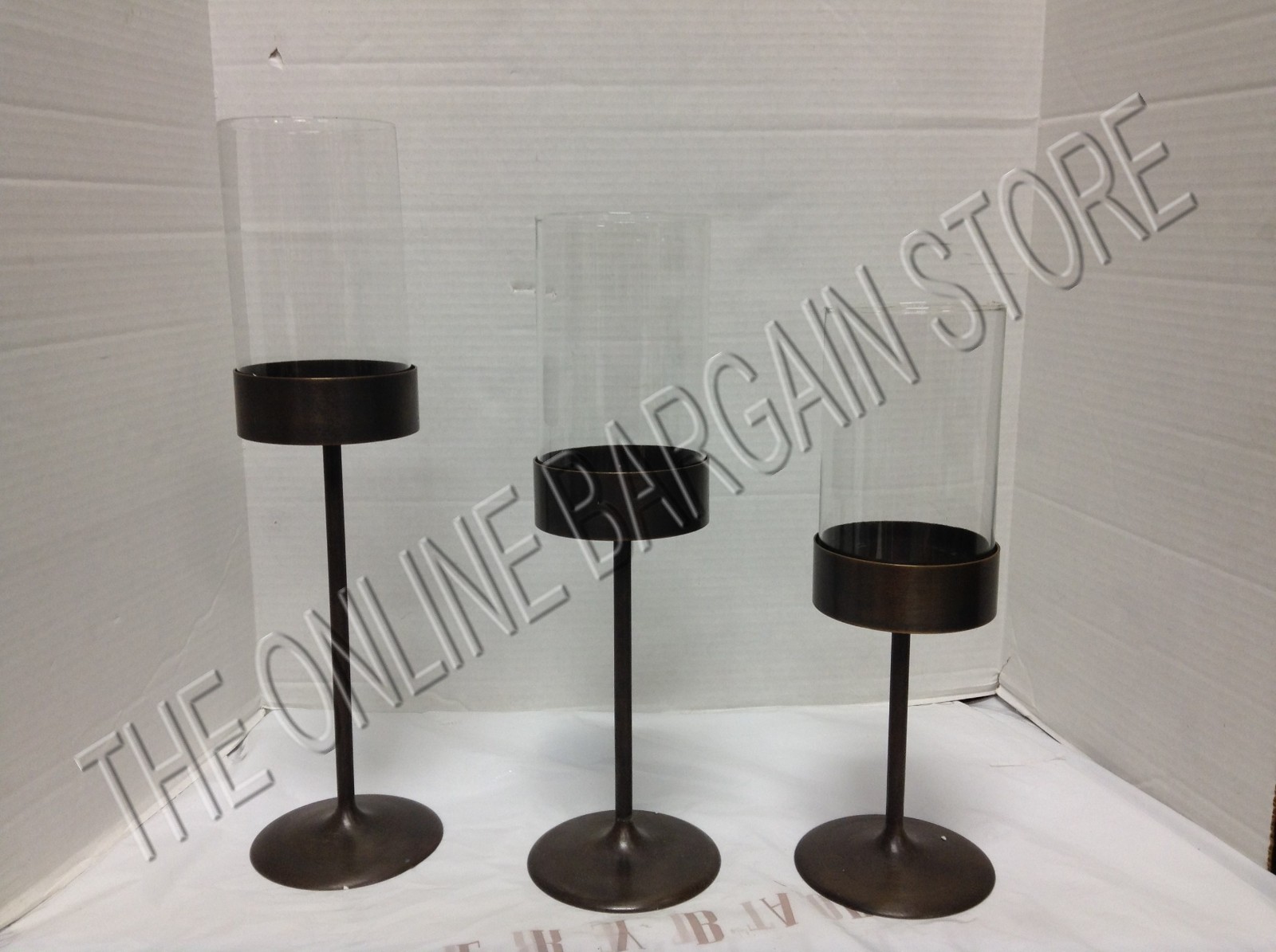 Frontgate Glass Hurricane Pillar Candle Stands Holders Mantel Decor Set