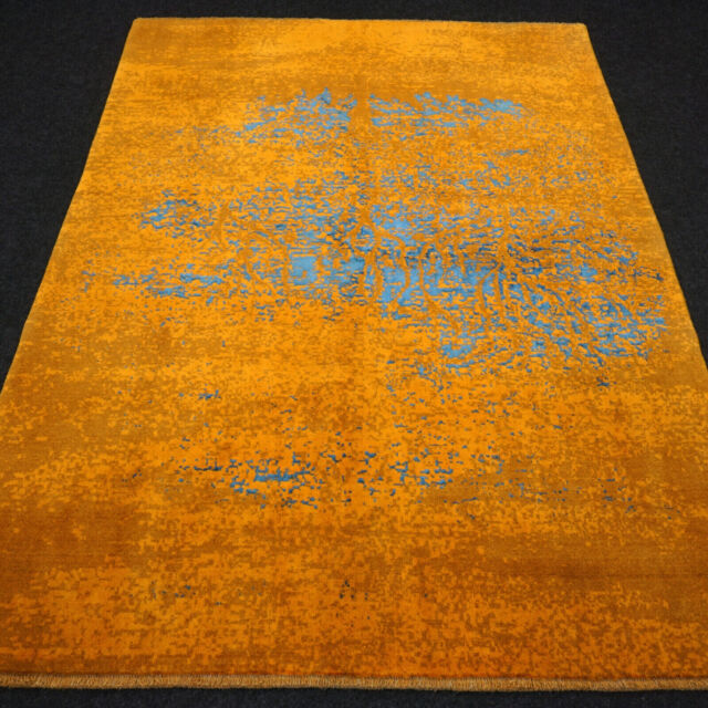 Designer Orient Teppich 193 x 151 cm Seide Modern Saphirblau Gold Perserteppich