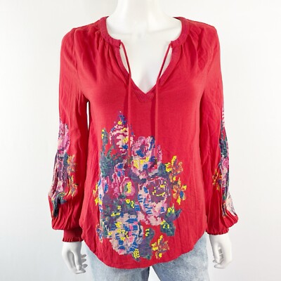 Anthropologie Red Floral Blouse Size S Long Sleeve Boho Hippie Coastal Grandma