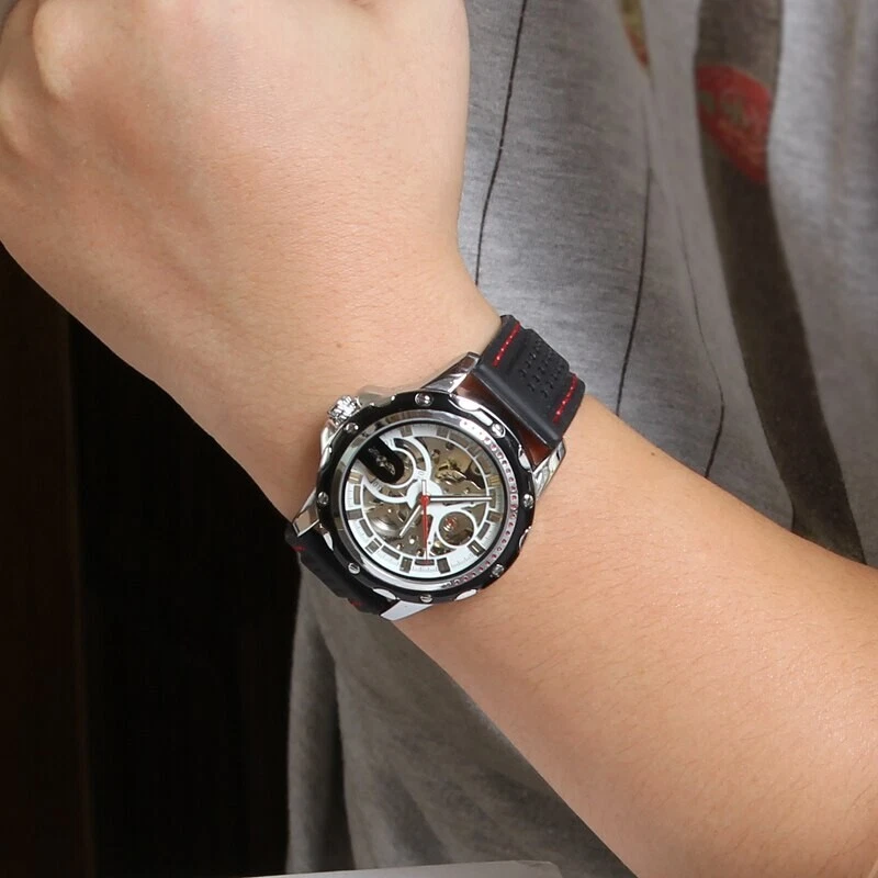 Reloj de vestir Winner automático esqueleto para hombre correa de silicona negra con caja de regalo Foto 2 de 4