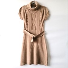 NWT Red Paint Beige Puff Sleeve Turtle Neck Belted Knitted Sweater Dress Size L